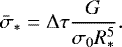 Mathematical equation: \begin{equation*} \bar{\sigma}_* = \Delta \tau \frac{G}{\sigma_0 R_*^5}. \end{equation*}