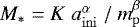 Mathematical equation: $M_* = K\ a_{\rm{ini}}^{\alpha}\ /\ m_{\mathrm{p}}^{\beta}$