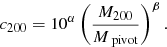 Mathematical equation: $$ \begin{aligned} c_{200} =10^\alpha \left( \frac{M_{200}}{M_\text{ pivot}}\right)^\beta . \end{aligned} $$