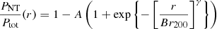 Mathematical equation: $$ \begin{aligned} \frac{P_{\rm NT}}{P_{\rm tot}}(r)=1-A\left(1+\exp \left\{ -\left[\frac{r}{Br_{200}}\right]^\gamma \right\} \right) \end{aligned} $$
