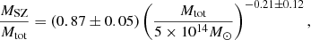 Mathematical equation: $$ \begin{aligned} \frac{M_{\rm SZ}}{M_{\rm tot}}=\left(0.87\pm 0.05\right)\left(\frac{M_{\rm tot}}{5\times 10^{14}M_\odot }\right)^{-0.21\pm 0.12}, \end{aligned} $$