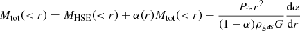 Mathematical equation: $$ \begin{aligned} M_{\rm tot}(<r) = M_{\rm HSE}(<r)+\alpha (r) M_{\rm tot}(<r)-\frac{P_{\rm th}r^2}{(1-\alpha )\rho _{\rm gas} G}\frac{\mathrm{d}\alpha }{\mathrm{d}r} \end{aligned} $$
