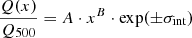Mathematical equation: $$ \begin{aligned} \frac{Q(x)}{Q_{500}} = A \cdot x^B \cdot \exp (\pm \sigma _{\rm int}) \end{aligned} $$