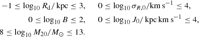 Mathematical equation: $$ \begin{aligned} -1\le \log _{10}R_{\rm d}/\mathrm{\,kpc}\le 3,&\qquad 0\le \log _{10}\sigma _{R,0}/\mathrm{km\,s^{-1}} \le 4, \nonumber \\ 0\le \log _{10}B\le 2,&\qquad 0\le \log _{10}J_0 /\mathrm{\,kpc\,km\,s^{-1}}\le 4, \nonumber \\ 8\le \log _{10}M_{20}/M_\odot \le 13. \end{aligned} $$