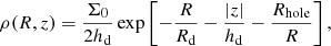 Mathematical equation: $$ \begin{aligned} \rho (R,z) = \frac{\Sigma _0}{2h_{\rm d}}\exp \left[-\frac{R}{R_{\rm d}}-\frac{|z|}{h_{\rm d}}-\frac{R_{\rm hole}}{R}\right], \end{aligned} $$
