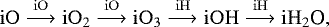 Mathematical equation: \begin{equation*} {\mathrm{iO} \stackrel{\mathrm{iO}}{\longrightarrow} \mathrm{iO}_2 \stackrel{\mathrm{iO}}{\longrightarrow} \mathrm{iO}_3 \stackrel{\mathrm{iH}}{\longrightarrow} \mathrm{iOH} \stackrel{\mathrm{iH}}{\longrightarrow} \mathrm{iH}_2\textrm{O}}, \end{equation*}