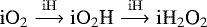 Mathematical equation: ${\mathrm{iO}_2 \stackrel{\mathrm{iH}}{\longrightarrow}\mathrm{iO}_2\textrm{H} \stackrel{\mathrm{iH}}{\longrightarrow}\mathrm{iH}_2\textrm{O}_2}$