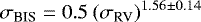 Mathematical equation: \begin{equation*}\sigma_{\textrm{BIS}} = 0.5 \ (\sigma_{\textrm{RV}})^{1.56 \pm 0.14} \end{equation*}