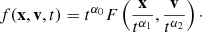 Mathematical equation: $$ \begin{aligned} f(\mathbf{x },\mathbf{v },t)=t^{\alpha _{0}} F\left( \frac{\mathbf{x }}{t^{\alpha _{1}}}, \frac{\mathbf{v }}{t^{\alpha _{2}}} \right)\cdot \end{aligned} $$