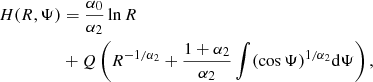 Mathematical equation: $$ \begin{aligned} H(R,\Psi )&=\frac{\alpha _0}{\alpha _2} \ln R \nonumber \\&+ Q\left( R^{-1/\alpha _2}+\frac{1+\alpha _2}{\alpha _2} \int (\cos \Psi )^{1/\alpha _2} \mathrm{d}\Psi \right), \end{aligned} $$