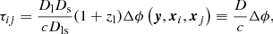 Mathematical equation: $$ \begin{aligned} \tau _{ij} = \dfrac{D_\mathrm{l} D_\mathrm{s} }{c D_\mathrm{ls} } (1+z_\mathrm{l} ) \Delta \phi \left(\boldsymbol{y},\boldsymbol{x}_i, \boldsymbol{x}_j \right) \equiv \dfrac{D}{c} \Delta \phi , \end{aligned} $$