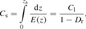 Mathematical equation: $$ \begin{aligned} C_\mathrm{s} =\int \limits _0^{z_\mathrm{s} } \dfrac{\mathrm{d} z}{E(z)} = \dfrac{C_\mathrm{l} }{1-D_\mathrm{r} }, \end{aligned} $$