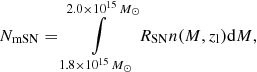 Mathematical equation: $$ \begin{aligned} N_\mathrm{mSN} = \int \limits _{1.8 \times 10^{15}\,M_\odot }^{2.0 \times 10^{15}\,M_\odot } R_\mathrm{SN} n(M,z_\mathrm{l} ) \mathrm{d} M, \end{aligned} $$