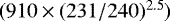 Mathematical equation: $(910 \times (231/240)^{2.5})$
