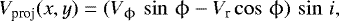 Mathematical equation: \begin{equation*} V_{\text{proj}}(x,y)=(V_{\upphi}\,\sin\,\upphi-V_{\text{r}} \cos\,\upphi)\, \sin\,i, \end{equation*}