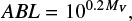 Mathematical equation: $ \begin{equation} ABL = 10^{0.2 M_V}, \label{ABL1} \end{equation} $