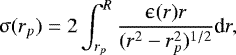 Mathematical equation: \begin{equation*}\upsigma (r_{p}) = 2\int^{R}_{r_{p}} \frac{\upepsilon(r)r}{(r^{2}-r^{2}_{p})^{1/2}} \textrm{d}r, \end{equation*}