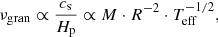 Mathematical equation: $$ \begin{aligned} \nu _{\rm gran} \propto \frac{c_{\rm s}}{H_{\rm p}} \propto M \cdot R^{-2} \cdot T_{\rm eff}^{-1/2}, \end{aligned} $$