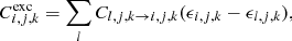 Mathematical equation: $$ \begin{aligned} C_{i,j,k}^{\mathrm{exc} } = \sum _l C_{l,j,k \rightarrow i,j,k} (\epsilon _{i,j,k} - \epsilon _{l,j,k}), \end{aligned} $$