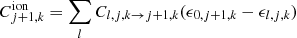 Mathematical equation: $$ \begin{aligned} C_{j+1,k}^{\mathrm{ion} } = \sum _l C_{l,j,k \rightarrow j+1,k} (\epsilon _{0,j+1,k} - \epsilon _{l,j,k}) \end{aligned} $$