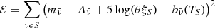 Mathematical equation: $$ \begin{aligned} \mathcal{E} = \sum _{\bar{\nu } \epsilon S} \big ( m_{\bar{\nu }} - A_{\bar{\nu }} + 5 \log (\theta \xi _S) - b_{\bar{\nu }}(T_S) \big )^2 \end{aligned} $$