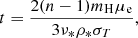 Mathematical equation: $$ \begin{aligned} t = \frac{2 (n - 1) m_{\rm H} \mu _{\rm e}}{3 \nu _{\mathrm{*} } \rho _{\mathrm{*} } \sigma _T}, \end{aligned} $$