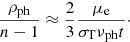 Mathematical equation: $$ \begin{aligned} \frac{\rho _{\mathrm{ph} }}{n - 1} \approx \frac{2}{3}\frac{\mu _{\mathrm{e} }}{\sigma _{\mathrm{T} } \nu _{\mathrm{ph} } t}\cdot \end{aligned} $$