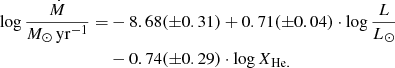Mathematical equation: $$ \begin{aligned} \log \frac{\dot{M}}{M_\odot \,\mathrm{yr}^{-1}} =&-8.68 (\pm 0.31) + 0.71 (\pm 0.04) \cdot \log \frac{L}{L_\odot } \nonumber \\&- 0.74 (\pm 0.29) \cdot \log X_{\rm He.} \end{aligned} $$