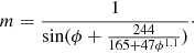 Mathematical equation: $$ \begin{aligned} m = \frac{1}{\mathrm{sin}(\phi +\frac{244}{165 + 47\phi ^{1.1}})}\cdot \end{aligned} $$