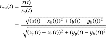 Mathematical equation: \begin{align*} \begin{split} r_{\mathrm{rot}}(t) &= \frac{r(t)}{r_{\mathrm{p}}(t)}\\ &= \frac{\sqrt{(x(t)-x_{\mathrm{h}}(t))^2 + (y(t)-y_{\mathrm{h}}(t))^2}} {\sqrt{(x_{\mathrm{p}}(t)-x_{\mathrm{h}}(t))^2 + (y_{\mathrm{p}}(t)-y_{\mathrm{h}}(t))^2}} \end{split} \end{align*}