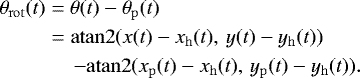 Mathematical equation: \begin{align*} \begin{split} \theta_{\mathrm{rot}}(t) &= \theta(t) - \theta_{\mathrm{p}}(t)\\ &= \mathrm{atan2}(x(t)-x_{\mathrm{h}}(t),\,y(t)-y_{\mathrm{h}}(t)) \\ &\quad\,\,{-}\mathrm{atan2}(x_{\mathrm{p}}(t)-x_{\mathrm{h}}(t),\,y_{\mathrm{p}}(t)-y_{\mathrm{h}}(t)). \end{split} \end{align*}