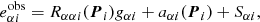 Mathematical equation: $$ \begin{aligned} e^{\mathrm{obs}}_{\alpha i} = R_{\alpha \alpha i}(\boldsymbol{P}_i) g_{\alpha i} + a_{\alpha i}(\boldsymbol{P}_i) + S_{\alpha i} ,\end{aligned} $$