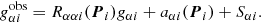Mathematical equation: $$ \begin{aligned} g^{\mathrm{obs}}_{\alpha i} = R_{\alpha \alpha i}(\boldsymbol{P}_i) g_{\alpha i} + a_{\alpha i}(\boldsymbol{P}_i) + S_{\alpha i}. \end{aligned} $$