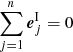 Mathematical equation: $ \sum_{j=1}^n \boldsymbol{e}_j^{\mathrm{I}} = 0 $