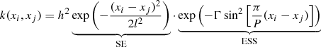 Mathematical equation: $$ \begin{aligned} k(x_i,x_j)&= h^2 \underbrace{\exp \left(-\frac{(x_i-x_j)^2}{2l^2}\right)}_{\rm SE} \cdot \underbrace{\exp \left(-\Gamma \sin ^{2}\left[\frac{\pi }{P}(x_{i}-x_{j}) \right]\right)}_{\rm ESS} \end{aligned} $$