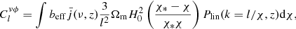 Mathematical equation: $$ \begin{aligned} C_l^{\nu \phi } = \int b_{\rm eff} \bar{j}(\nu ,z) \dfrac{3}{l^2}\Omega _{\rm m} H_0^2 \left(\dfrac{\chi _* - \chi }{\chi _*\chi }\right) P_{\rm lin}(k = l/\chi ,z) \mathrm{d}\chi , \end{aligned} $$