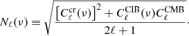 Mathematical equation: $$ \begin{aligned} N_\ell (\nu ) \equiv \sqrt{\dfrac{\left[C_\ell ^\mathrm{cr}(\nu )\right]^2 + C_\ell ^{\mathrm{CIB} }(\nu ) C_\ell ^{\mathrm{CMB} }}{2\ell + 1}}\cdot \end{aligned} $$