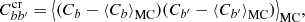 Mathematical equation: $$ \begin{aligned} C_{bb^{\prime }}^\mathrm{cr} = {\left\langle (C_b - {\langle C_b\rangle }_{\mathrm{MC} })(C_{b^{\prime }} - {\langle C_{b^{\prime }}\rangle }_{\mathrm{MC} })\right\rangle }_{\mathrm{MC} } ,\end{aligned} $$