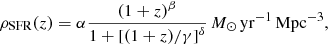 Mathematical equation: $$ \begin{aligned} \rho _{{\mathrm{SFR}}}(z) = \alpha \dfrac{(1+z)^{\beta }}{1+ {[ (1+z)/{\gamma } ]}^{\delta }}\,{{M}}_{\odot }\,{\mathrm{yr}}^{-1}\,{\mathrm{Mpc}}^{-3}, \end{aligned} $$