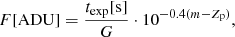 Mathematical equation: $$ \begin{aligned} F[\mathrm{ADU} ] = \frac{t_\mathrm{exp} [\mathrm{s} ]}{G} \cdot 10^{-0.4 (m - Z_{\mathrm{p} })}, \end{aligned} $$
