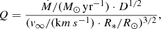 Mathematical equation: $$ \begin{aligned} Q = \frac{\dot{M} / ( M_\odot \,\mathrm{yr} ^{-1}) \cdot D^{1/2}}{(v_\infty / (\mathrm km\,s^{-1} ) \cdot R_* / R_\odot )^{3/2}},\end{aligned} $$