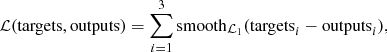 Mathematical equation: $$ \begin{aligned} {\mathcal{L} }(\mathrm{targets, outputs})=\sum _{i=1}^3 \mathrm{smooth}_{{\mathcal{L} }_1}(\mathrm{targets}_i - \mathrm{outputs}_i), \end{aligned} $$