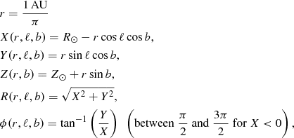 Mathematical equation: $$ \begin{aligned}&r=\frac{1\, \mathrm{AU}}{\pi } \\&X(r,\ell , b)=R_\odot -r\cos \ell \cos b ,\nonumber \\&Y(r,\ell , b)=r\sin \ell \cos b ,\nonumber \\&Z(r, b)=Z_\odot + r\sin b ,\nonumber \\&R(r,\ell , b)=\sqrt{X^2+Y^2} ,\nonumber \\&\phi (r,\ell , b)=\tan ^{-1}\left(\frac{Y}{X}\right) \ \ \left(\mathrm{between}\ \frac{\pi }{2}\ \mathrm{and}\ \frac{3\pi }{2}\ \mathrm{for}\ X<0\right),\nonumber \end{aligned} $$