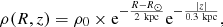 Mathematical equation: $$ \begin{aligned} \rho (R,z)=\rho _0\times \mathrm{e}^{-\frac{R-R_\odot }{2\ \mathrm{kpc}}} \mathrm{e}^{-\frac{|z|}{0.3\ \mathrm{kpc}}} , \end{aligned} $$
