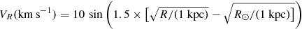 Mathematical equation: $ V_R(\mathrm{km\,s^{-1}})=10\,\sin\left(1.5\times \big[\sqrt{R/(1\ \mathrm{kpc})}-\sqrt{R_\odot/(1\ \mathrm{kpc})\big]}\right) $