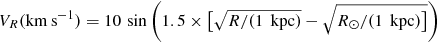 Mathematical equation: $ V_R(\mathrm{km\,s^{-1}})=10\,\sin\left(1.5\times \big[\sqrt{R/(1\ \mathrm{\,kpc})}-\sqrt{R_\odot/(1\ \mathrm{\,kpc})\big]}\right) $
