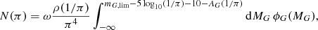 Mathematical equation: $$ \begin{aligned} N(\pi )=\omega \frac{\rho (1/\pi )}{\pi ^4} \int _{-\infty }^{m_{G,\mathrm{lim}}-5\log _{10}(1/\pi )-10-A_G (1/\pi )}\mathrm{d}M_G\,\phi _G(M_G) , \end{aligned} $$
