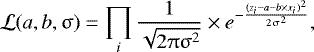 Mathematical equation: \begin{equation*} \mathcal {L}(a,b,\upsigma) = \prod\limits_{i} \frac{1}{\sqrt{2 \uppi \upsigma^2}}\times e^{-\frac{(z_{i}- a -b\times x_{i} )^2}{2\upsigma^2}}, \end{equation*}
