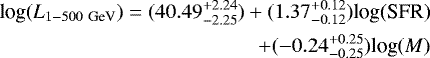 Mathematical equation: \begin{equation*}\begin{split} \textrm{log}(L_{1-500 \ \textrm{GeV}}) = (40.49^{+2.24}_{-2.25})+(1.37^{+0.12}_{-0.12})\textrm{log(SFR)}\\ + (-0.24^{+0.25}_{-0.25})\textrm{log}(M) \end{split} \end{equation*}