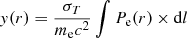 Mathematical equation: $$ \begin{aligned} { y}(r)= \frac{\sigma _T}{m_{\rm e} c^2} \int P_{\rm e}(r) \times \mathrm{d}l \end{aligned} $$